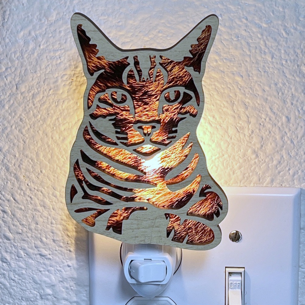 Handcrafted Wood Cat Tabby Nightlight Feline Decor - Picture 2 of 3